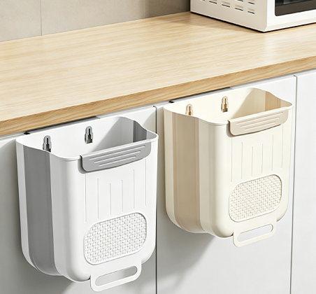 Space-Saving Hanging Kitchen Trash Can with Sturdy Hooks | Compact Cabinet Door Waste Bin for Food Scraps, Prep &amp; Cleaning | White &amp; Beige Available