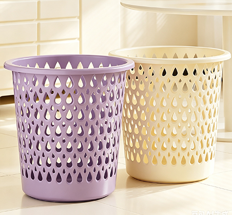 Cute Cartoon Face Hollow-Out Trash Can with Waterdrop Pattern | Breathable Plastic Waste Bin & Storage Basket for Kids' Room, Bathroom & Dorm | Lavender & Cream